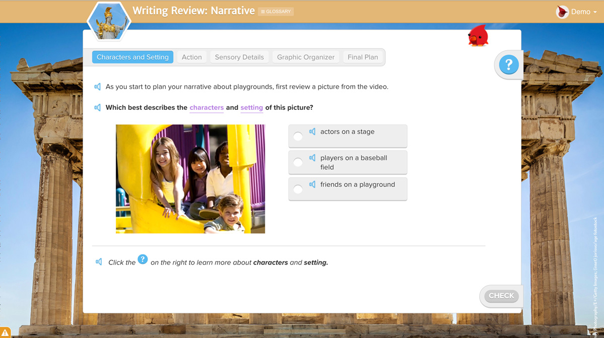 Screenshot of a Writing Review lesson focused on narrative writing. click to enlarge image Screenshot of a Writing Review lesson focused on narrative writing. click to enlarge image