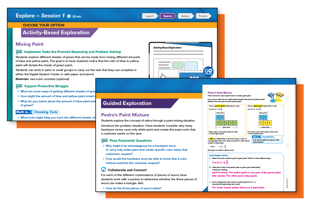 Activty based and Guided Exploration example pages from Reveal Math