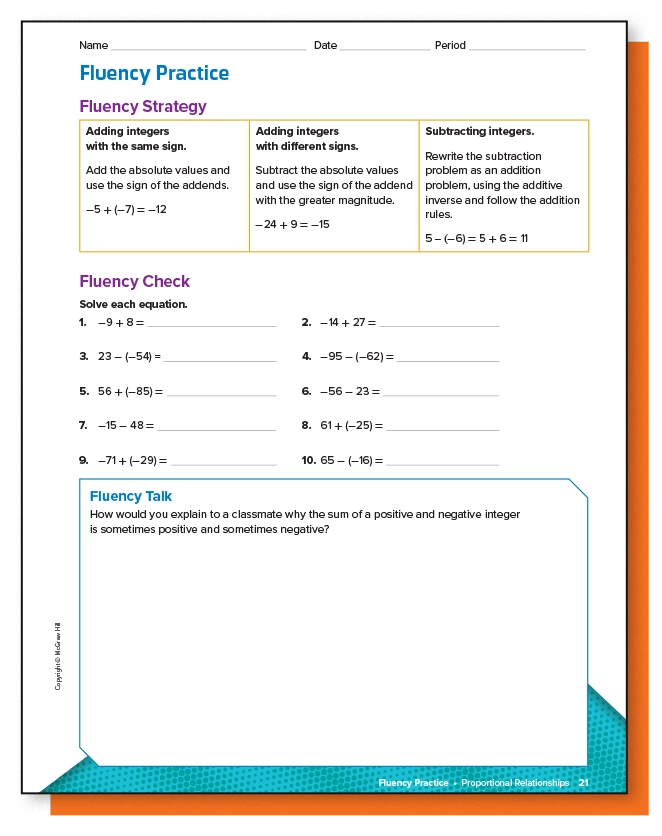 Fluency Practice, Fluency Strategy worksheet example, Adding and subtracing integers