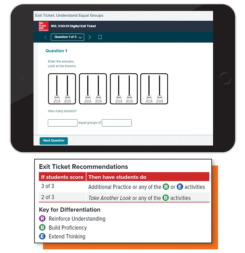 Exit ticket example on tablet and exit ticket recommendations