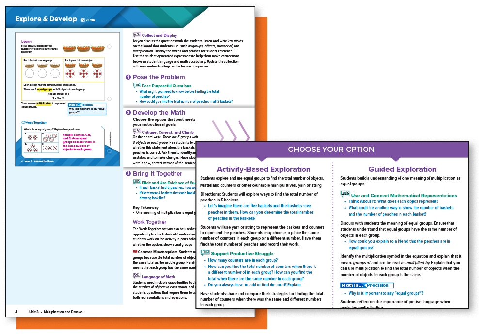 Explore & Develop page examples from Unit 3, Multiplication and Division