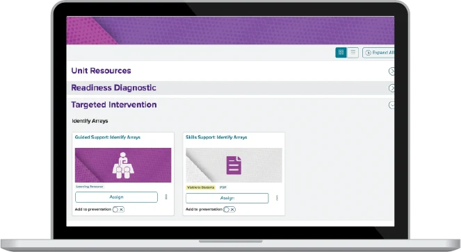 Unit resources exmaple on laptop screen, Readiness Diagnostic, Targeted Intervention