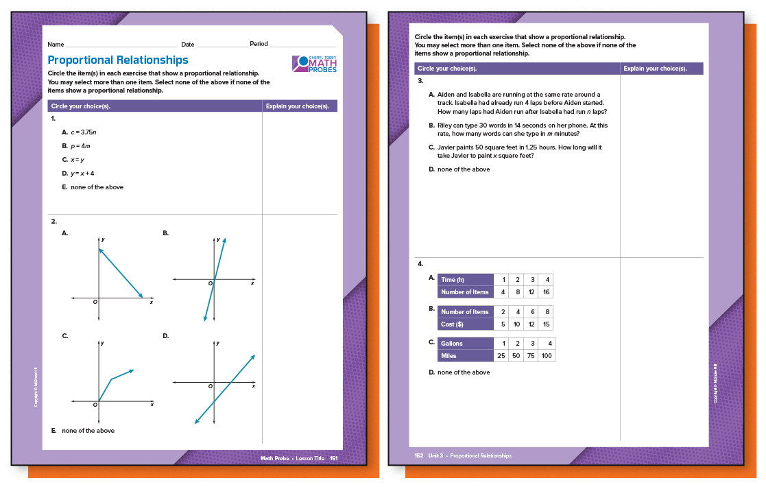 Reveal Math Math Probes worksheets showing proportional relationships