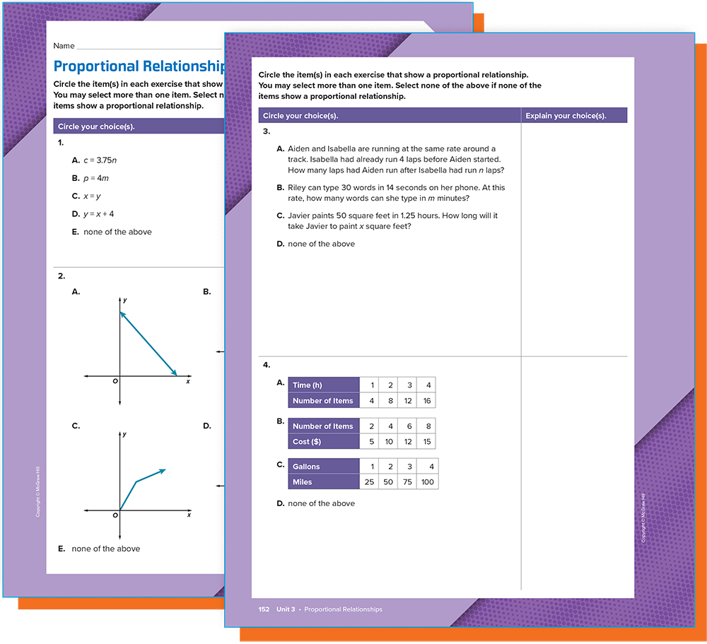 Reveal Math Math Probes worksheets showing proportional relationships