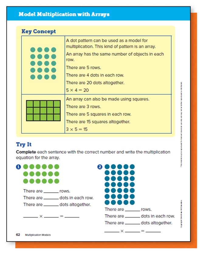 Skills Support worksheet example, Model Multiplication with Arrays, Key Concepts and Try it