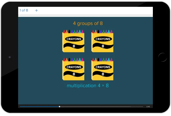 digital mini lesson example on tablet screen - 4 groups of 4 crayon boxes, multiplication  4x 8