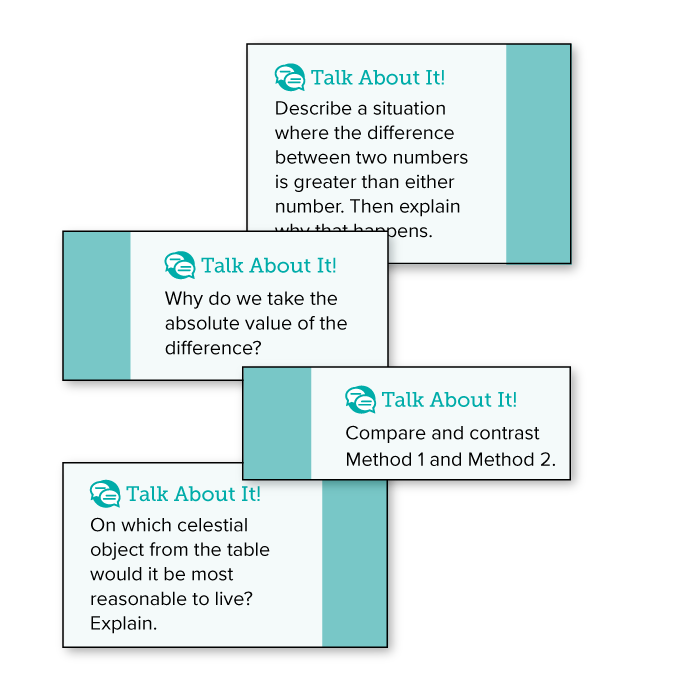 callout examples of Talk About It prompts in Reveal Math