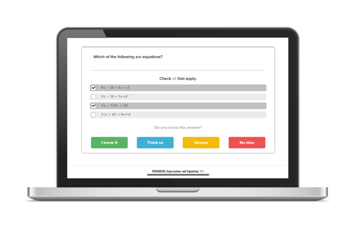 example of Learnsmart on laptop, Which of the following are equations?