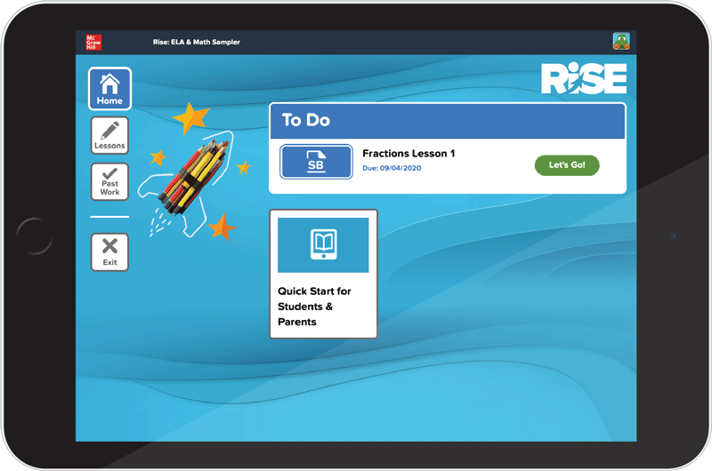 Rise screenshot showing Rise ELA & Math Sampler To Do and Quick Start for Students and Parents