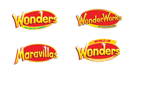 Wonders for English Learners logo, WonderWorks Intervention logo, Maravillas, and World of Wonders logo