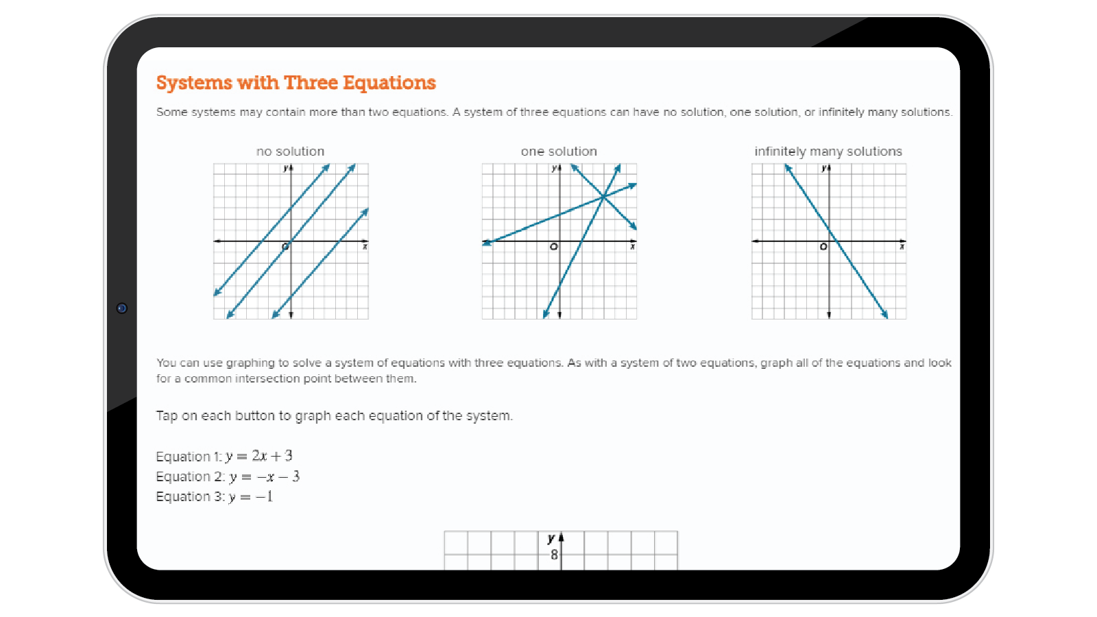 A tablet displays an exercise about systems with three equations.