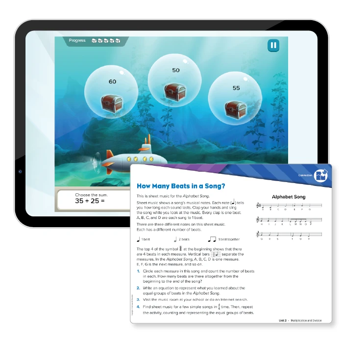 An online game displayed on a tablet and an excerpt from an exercise titled “How Many Beats in a Song?”