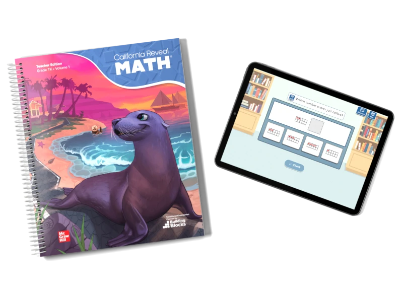 The California Reveal Math TK Teacher Edition and a tablet displaying a digital game.