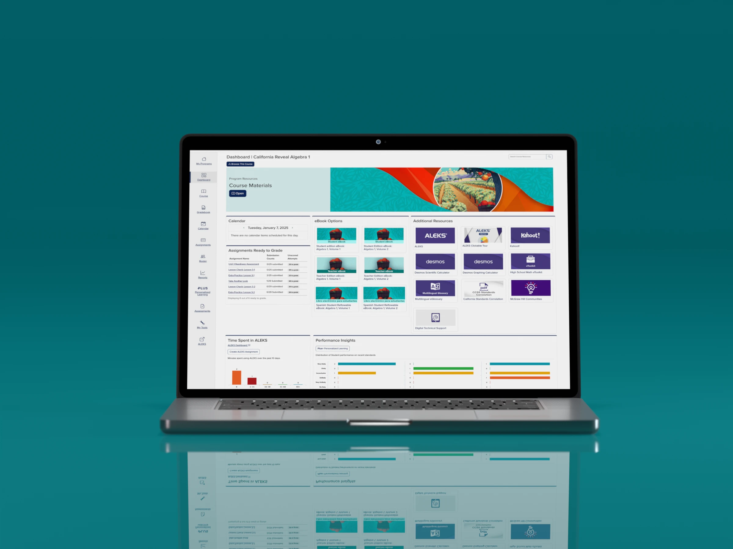 A laptop screen shows the California Reveal Math digital dashboard.