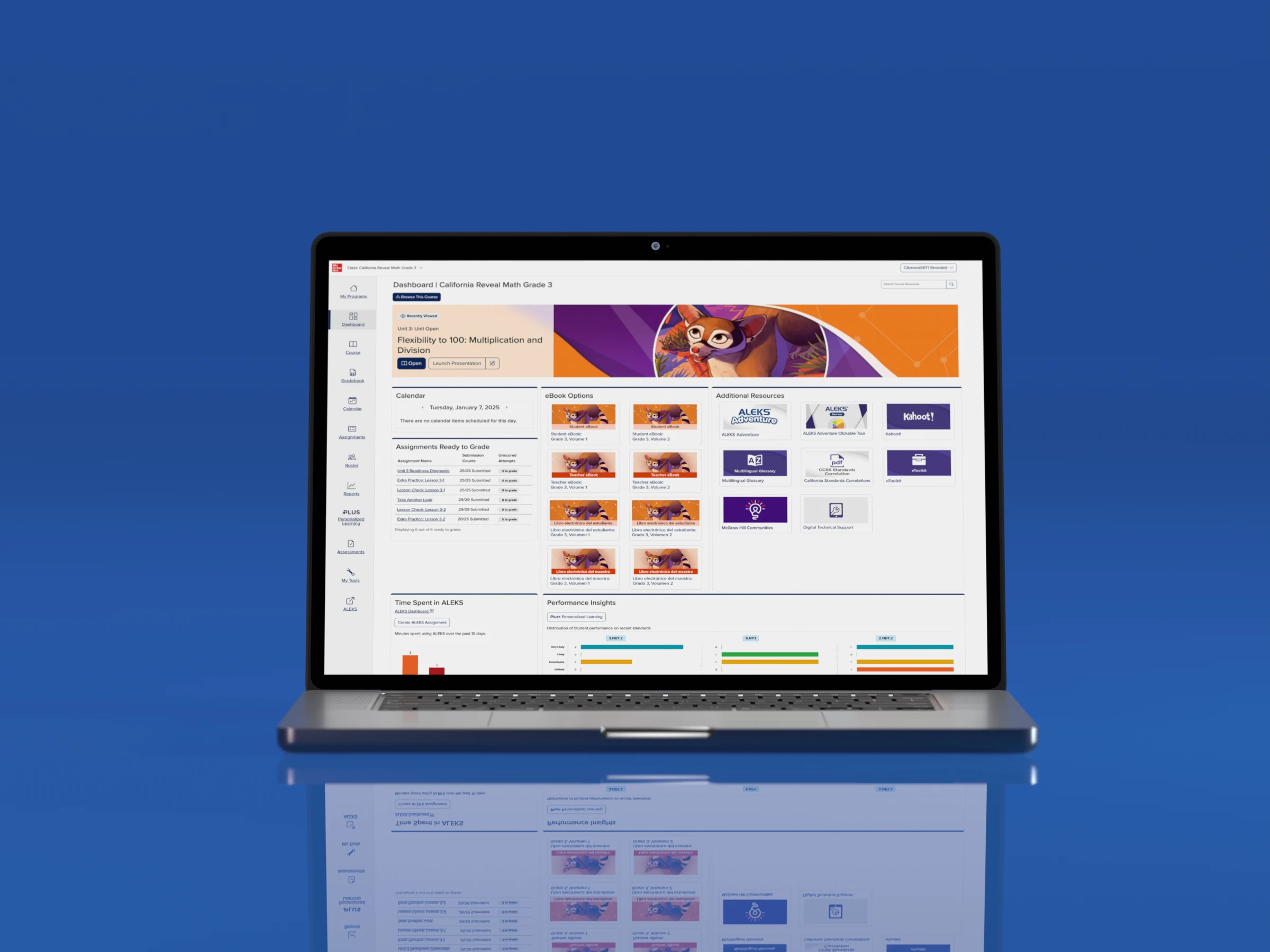 A laptop screen shows the California Reveal Math digital dashboard.