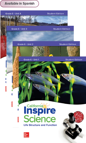 California Inspire Science Grade 6 Student Edition covers, Available in Spanish