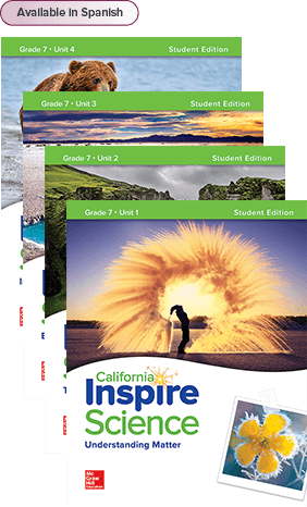 California Inspire Science Grade 7 Student Edition covers, Available in Spanish