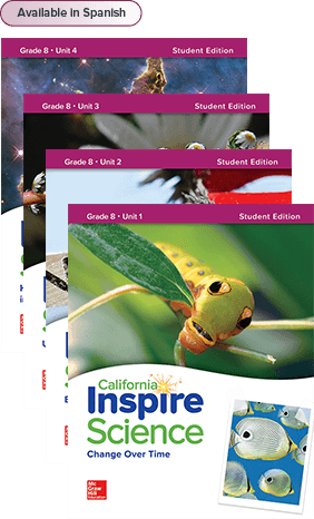 California Inspire Science Grade 7 Student Edition covers, Available in Spanish