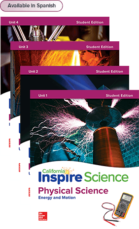 California Inspire Physical Science Student Edition covers, Available in Spanish