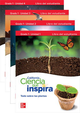 California Inspire Science Grade 1 Student Edition covers, Available in Spanish