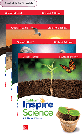 California Inspire Science Grade 1 Student Edition covers, Available in Spanish