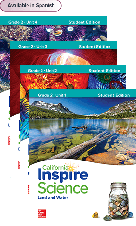 California Inspire Science Grade 2 Student Edition covers, Available in Spanish