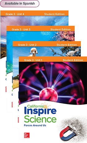 California Inspire Science Grade 3 Student Edition covers, Available in Spanish