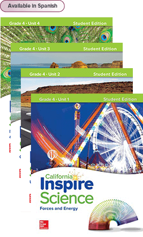 California Inspire Science Grade 4 Student Edition covers, Available in Spanish