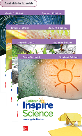 California Inspire Science Grade 5 Student Edition covers, Available in Spanish