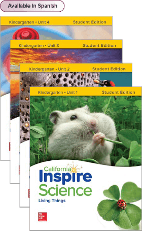 California Inspire Science Grade K Student Edition covers, Available in Spanish