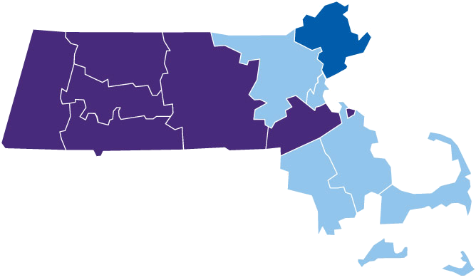 Massachusetts map with counties color coded to match corresponding reps