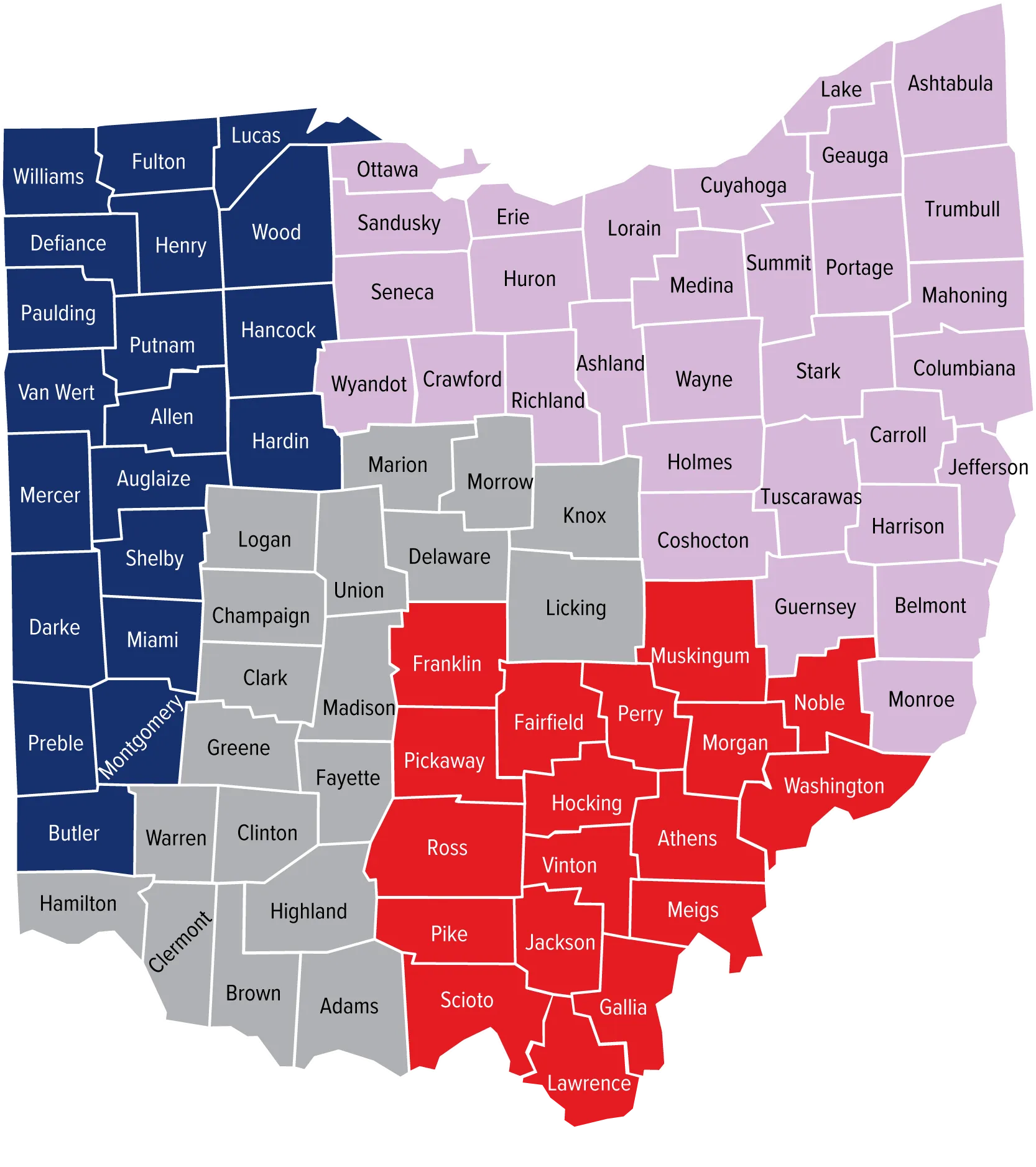 Ohio map with counties color coded to match corresponding reps