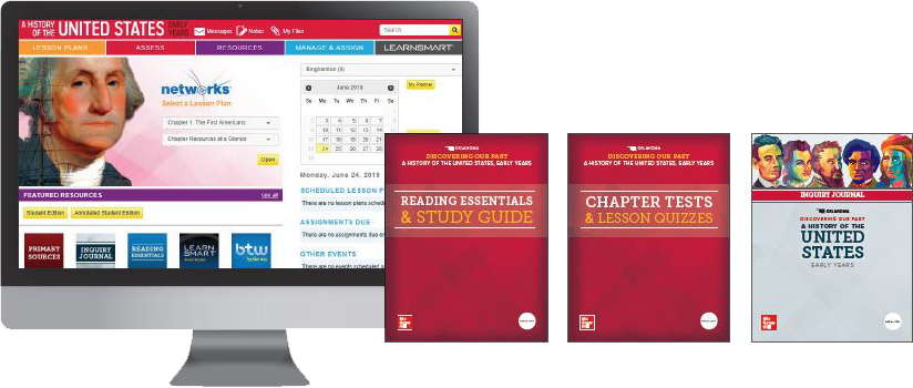 A History of the United States dashboard screenshot shown on monitor along with Reading Essentials Guide cover, Chapter Tests & Lesson Quizzes cover, and Inquiry Journal