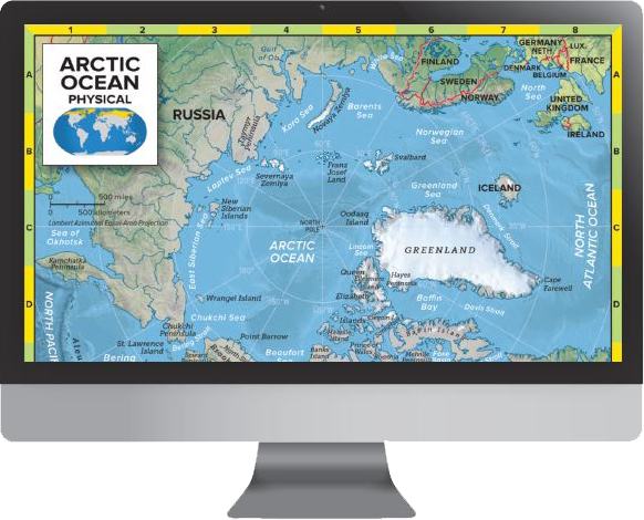 Screenshot of map on monitor showing Artic Ocean and surrounding areas