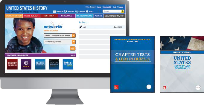 United States History and Geography dashboard screenshot shown on monitor along with Chapter Tests & Lesson Quizzes cover and Inquiry Journal