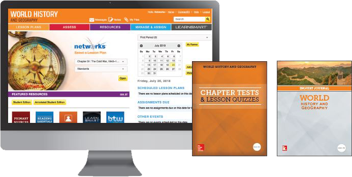 Oklahoma Edition, World History and Geography dashboard on laptop screen and Chapter Tests & lesson quizzes and Inquiry Journal covers