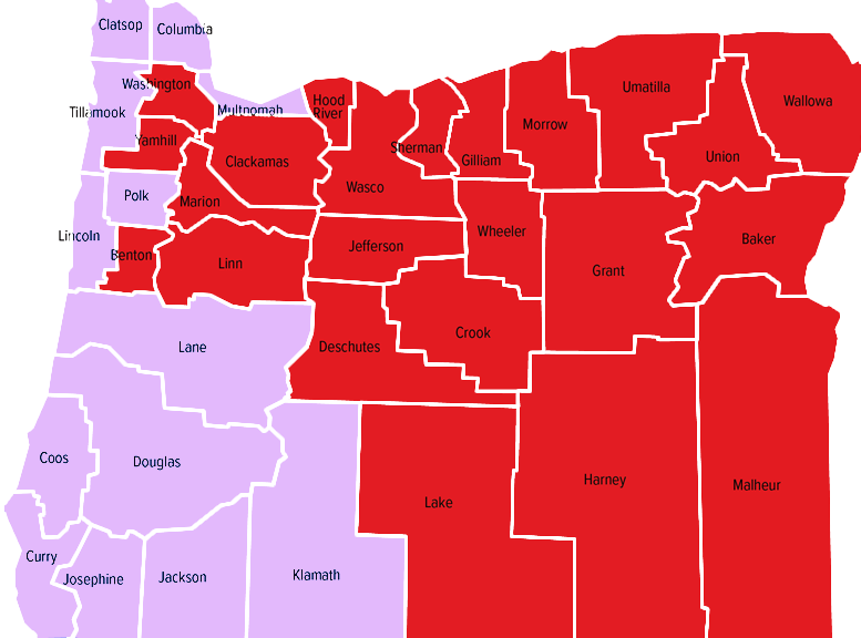 Oregon map showing counties