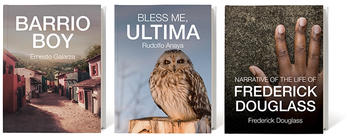 Novel covers: Barrio Boy, Bless Me, Ultima, Narrative of the Life of Frederick Douglass