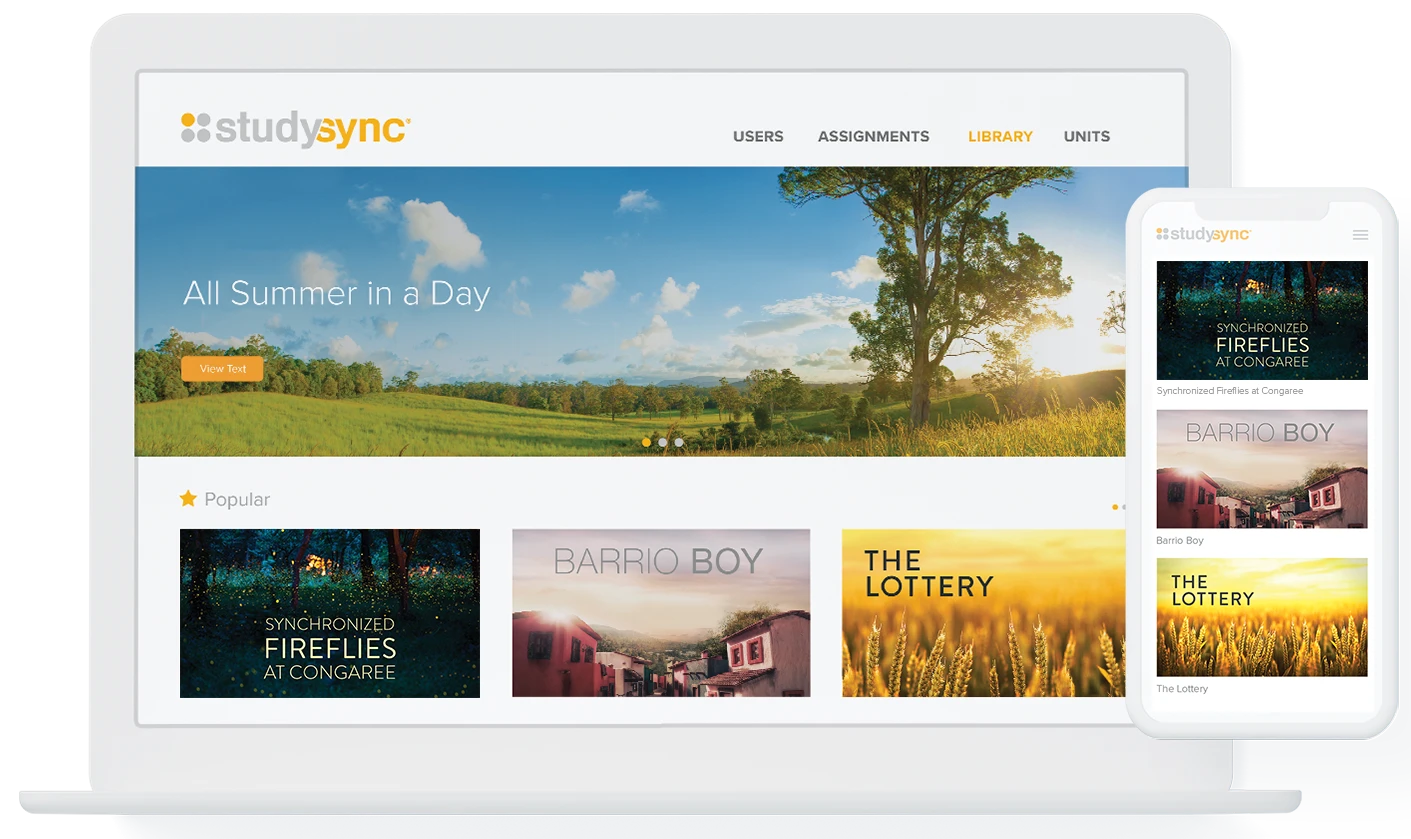 StudySync Library on laptop and phone screen: All Summer in a Day, teenagers, Barrio Boy, and the Lottery