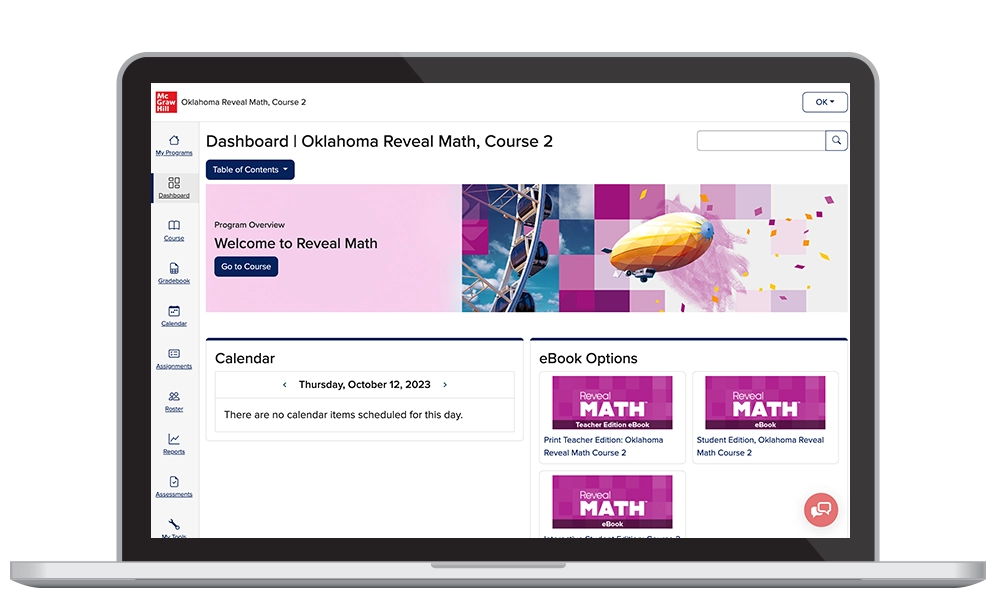 Oklahoma Reveal Math teacher digital center dashboard