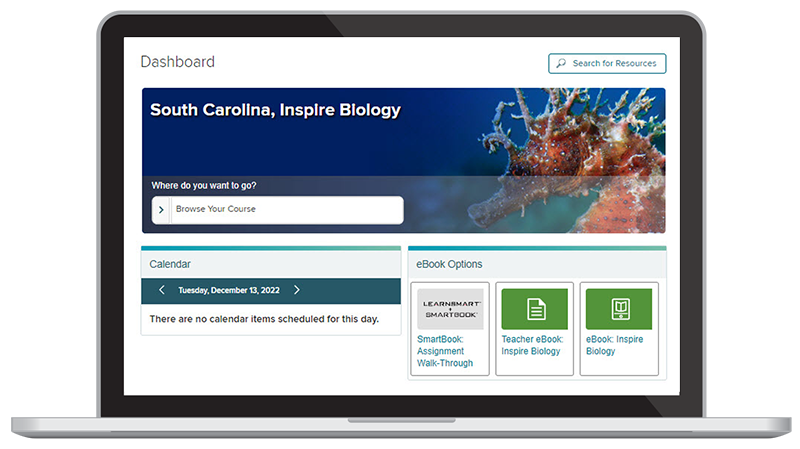 South Carolina Inspire Biology Digital Teacher and Student center shown on laptop screen