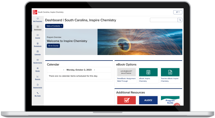 South Carolina Inspire Chemistry Digital Teacher and Student center shown on laptop screen