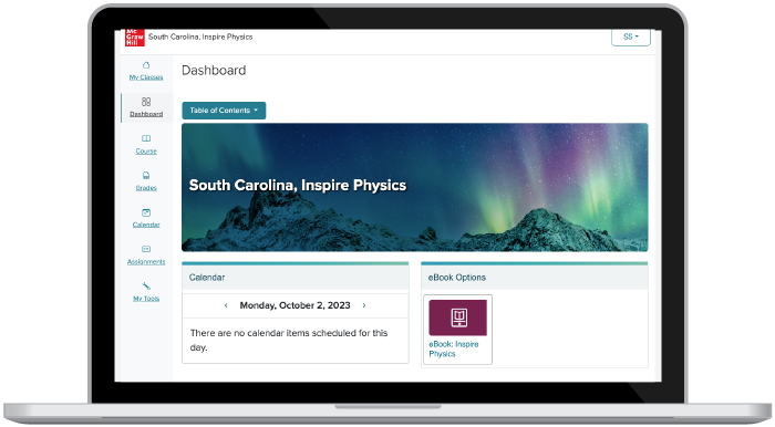 South Carolina Inspire Physics Digital Teacher and Student center shown on laptop screen