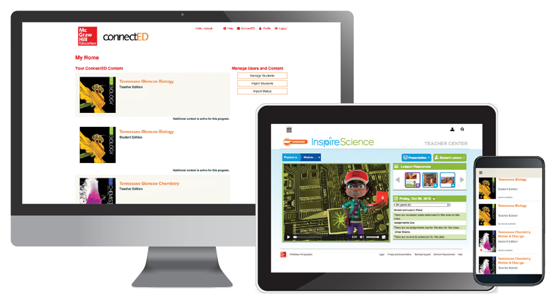 Inspire Science ConnectED and Teacher Dashboard screenshots on monitor and mobile devices