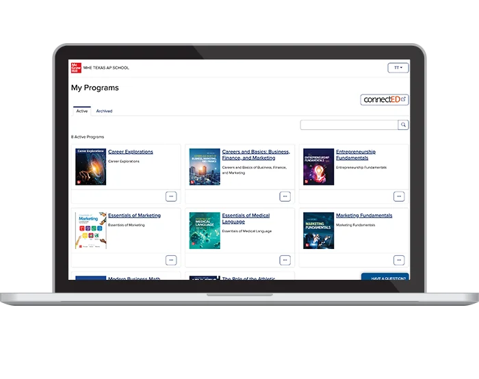 my.mheducation.com screenshot showing Texas programs