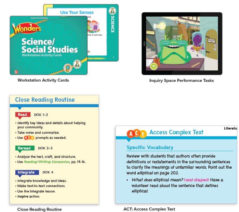Examples of Workstation Activity Cards, Inquiry Space Performance Tasks, Close Reading Routine, and ACT Access Complex Text