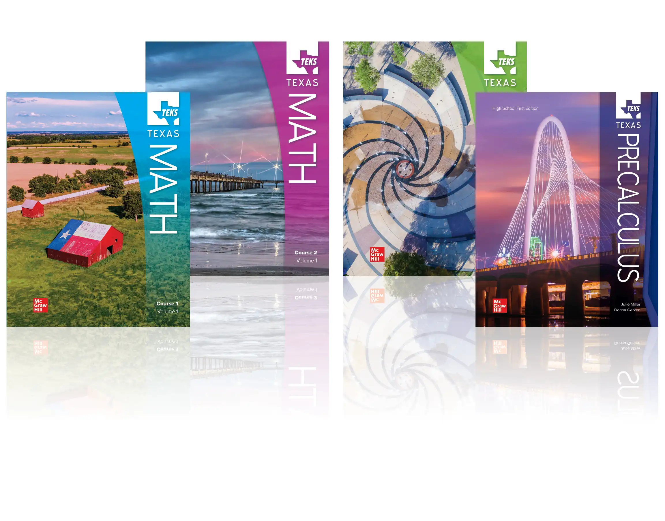 McGraw Hill Texas Math, Volume 1, Courses 1–3 and Texas Precalculus, High School First Edition TEKS-aligned books.