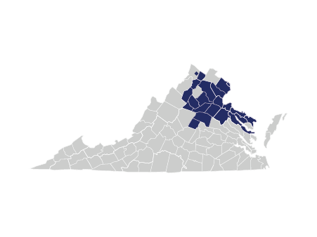 A map of Virginia highlighting the northestern towns and cities covered by Erin Kosteva.