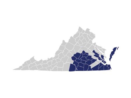 A map of Virginia highlighting the southeastern towns and cities covered by Lori Coonfield.