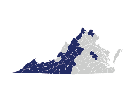 A map of Virginia highlighting the western towns and cities covered by Valerie Pack.